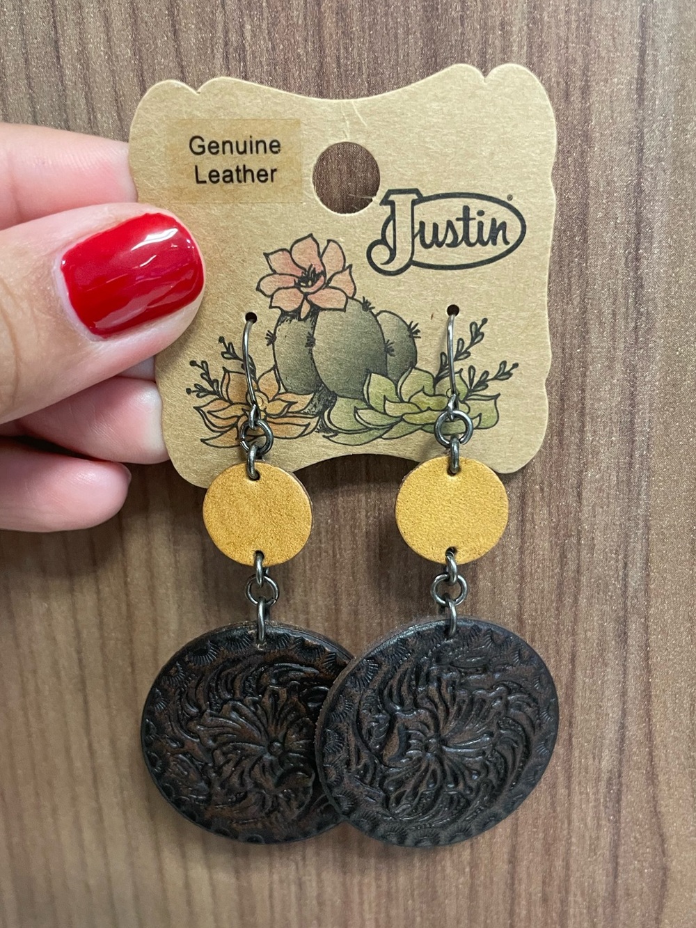 Justin Boots Gold and Dark Brown Floral-Tooled Leather Drop Earrings